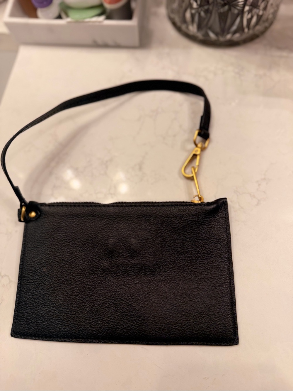 Classic Black Leather Mini Wristlet with Gold Hardware